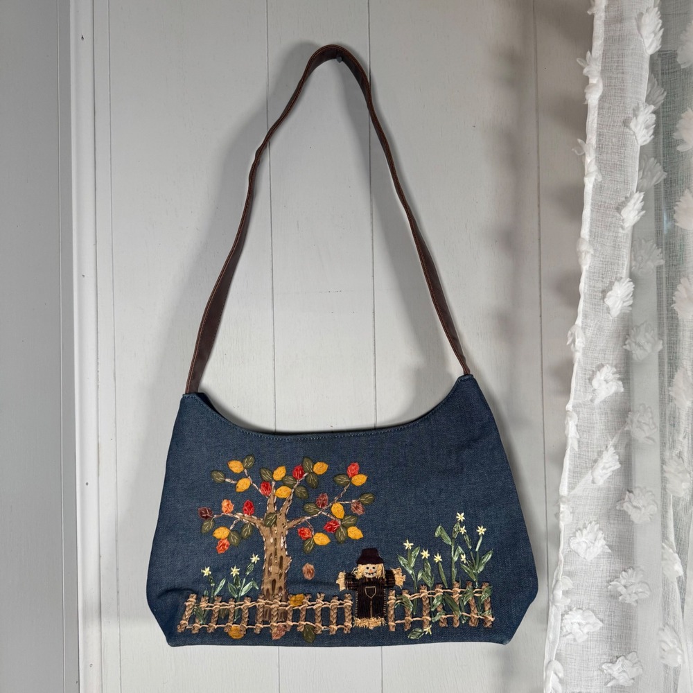 Cappelli Straworld Denim Scarecrow Purse Handbag Kitschy Appliqué Fall Autumn